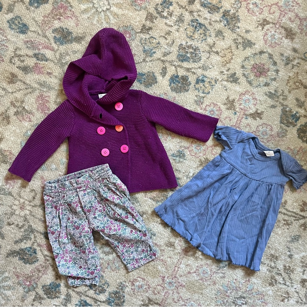 Kate Quinn Blue Dress with Purple Cardigan and Gap Floral Pants Set